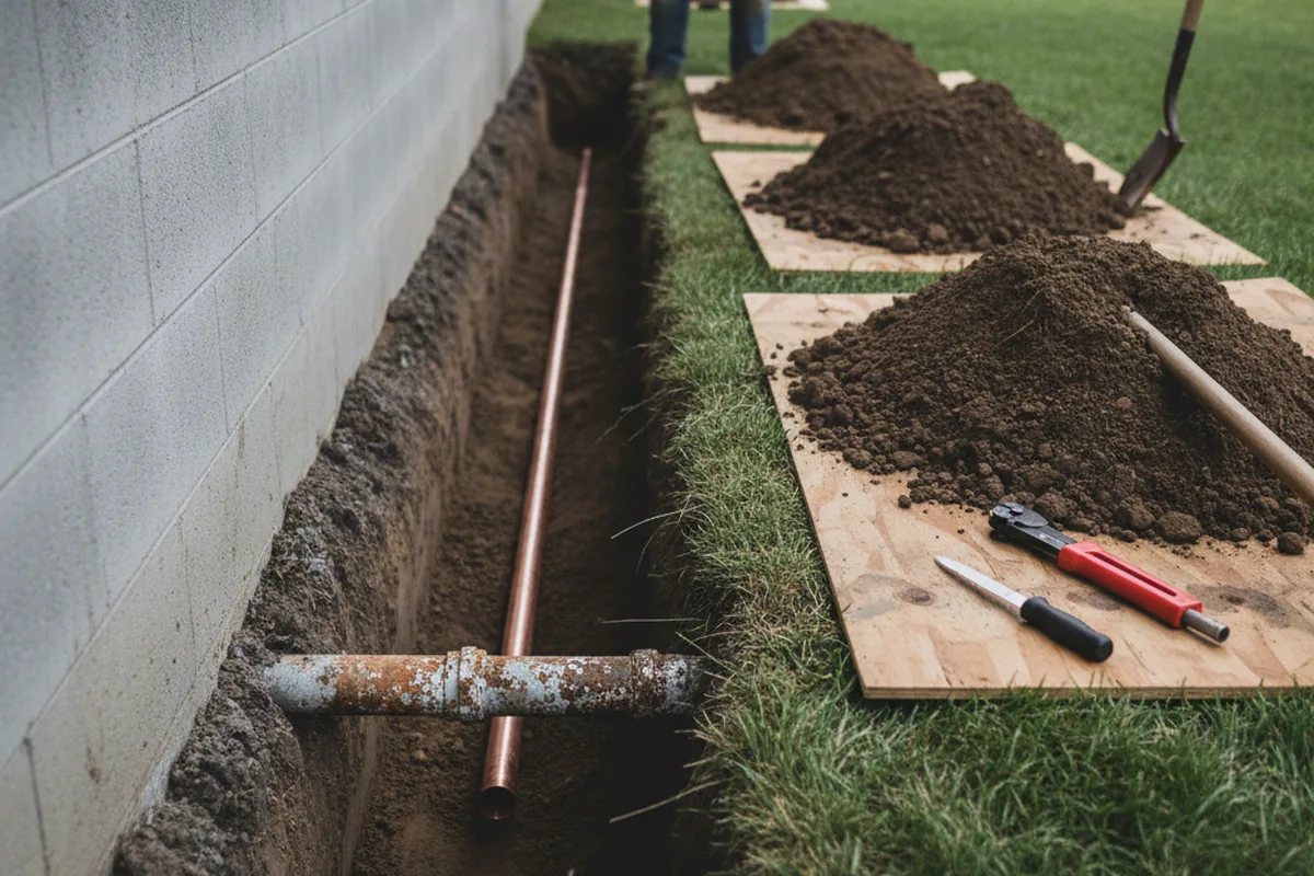 Excavated water line trench during Sewer Line Repair in Laie